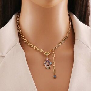 Gold Plated Stainless Steel Hamsa Hand & Evil Eye 1pc Necklace